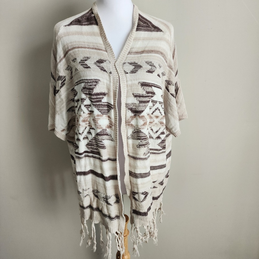 Aztec Fringe Open Front Cardigan Womens XS Small Wrap Southwestern Cotton Weave